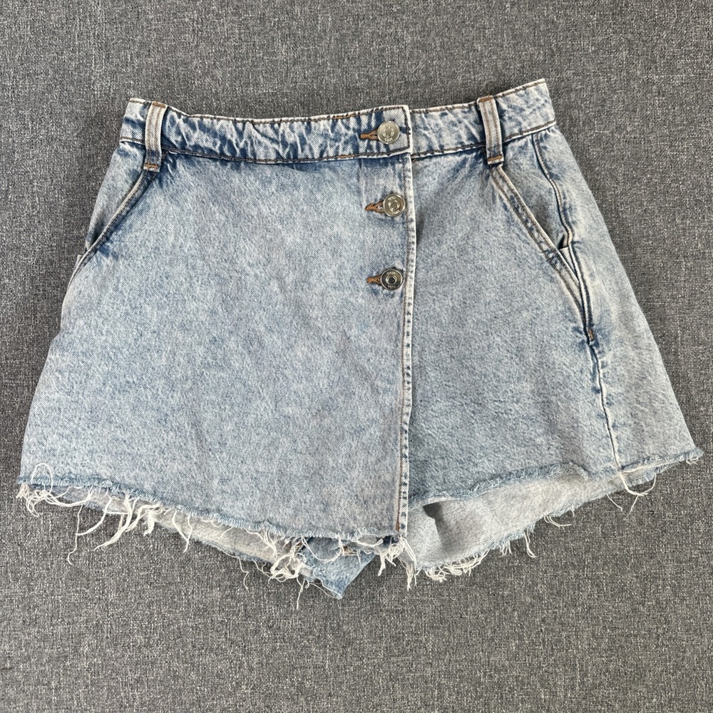 Zara Denim Skort Women's XS Blue Acid Wash Raw Hem Button Front Skirt Shorts